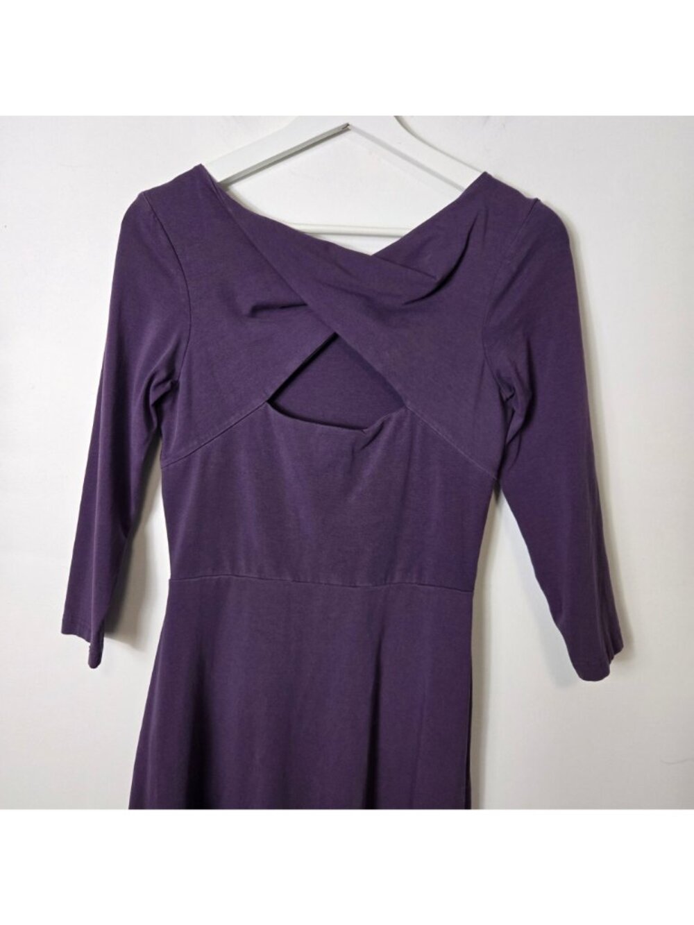 Pact Size S Open-Back Midi Dress 3/4 Sleeve Organic Cotton Wine Purple Fit Flare - Picture 4 of 11